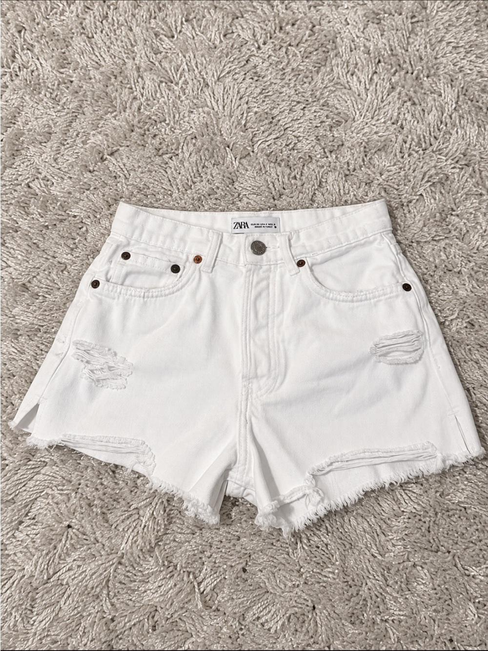 ZARA White Distressed High-Waist Denim Shorts